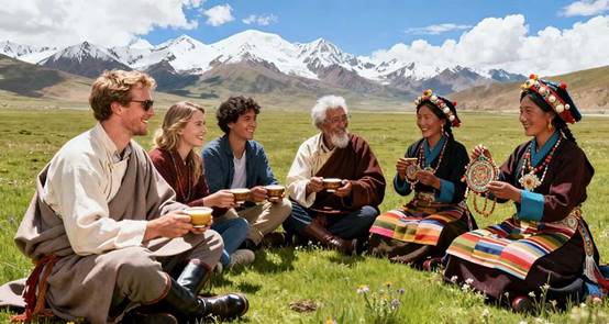 A simulated scenario upon real situation that western tourists sat with Tibetan craftswomen and the translator