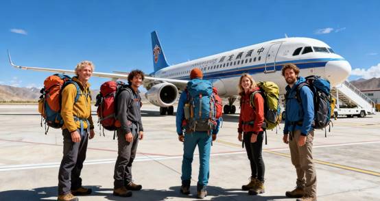 Western tourists are ready to board a flight to Tibet in China