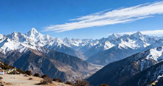 A panoramic view of the Himalayas from the Gyawu La Pass in Tibet
