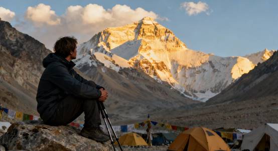 A solitary traveler contemplates the grandeur of Everest Base Camp