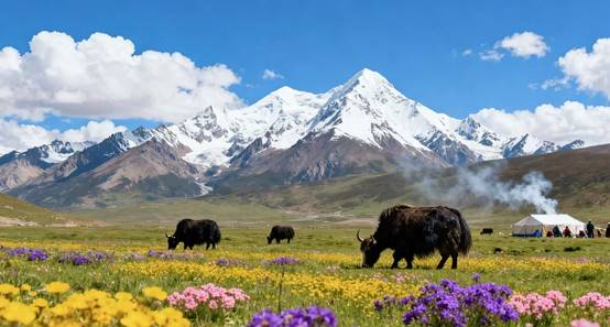 Tibetan yaks enjoying delectable grass cozily
