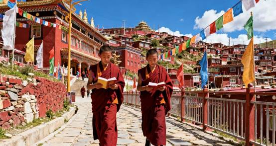 Visit Tibet--Young monks reading scriptures while walking at Larung Gar