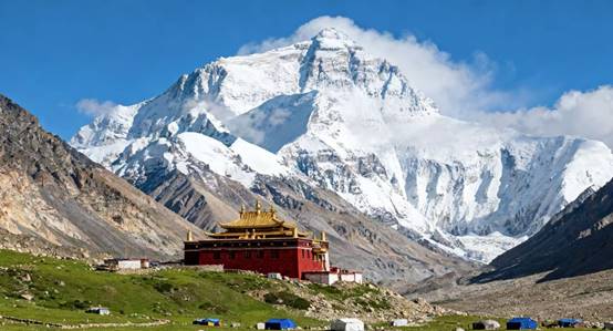 View of Mount Everest from Rongbuk Monastery near the first Everest Base Camp
